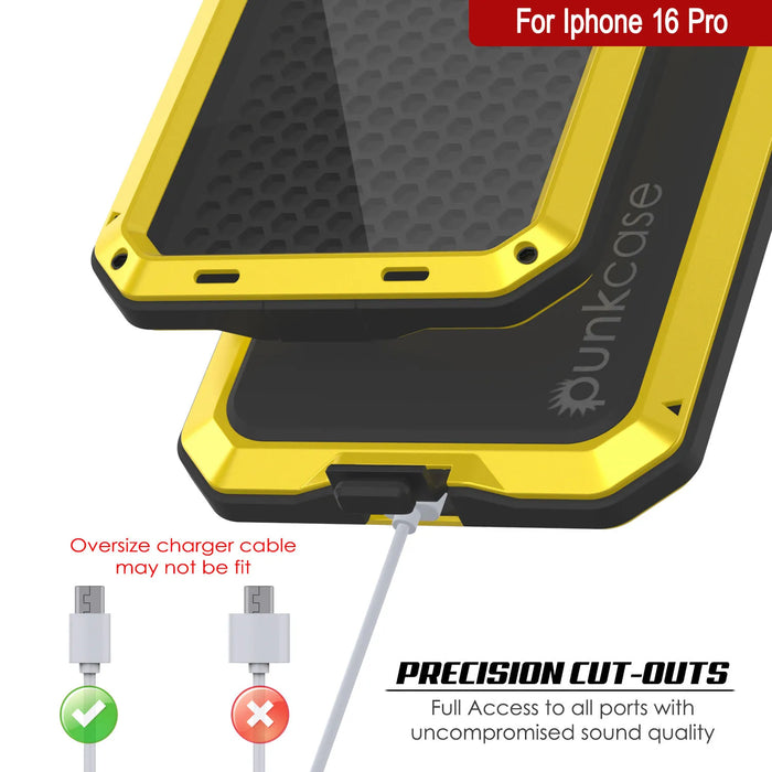 iPhone 16 Pro Metal Case, Heavy Duty Military Grade Armor Cover [shock proof] Full Body Hard [Yellow]