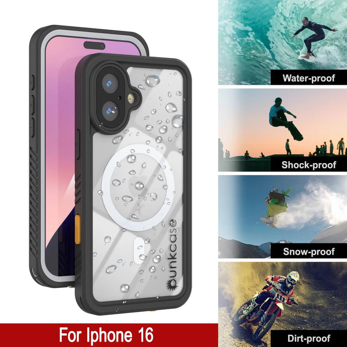 iPhone 16  Waterproof Case, Punkcase [Extreme Mag Series] Armor Cover W/ Built In Screen Protector [White]