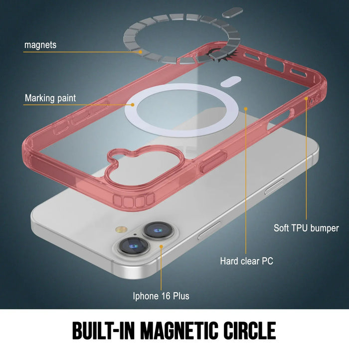 Punkcase iPhone 16 Plus Magnetic Wireless Charging Case [ClearMag Series][Red]