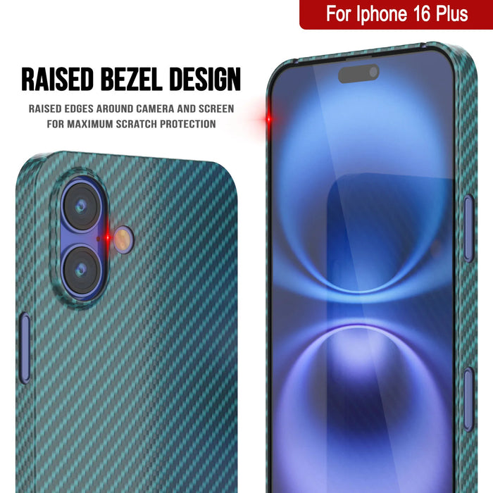 Punkcase iPhone 16 Plus Carbon Fiber Case [AramidShield Series] Ultra Slim & Light Kevlar [Teal]