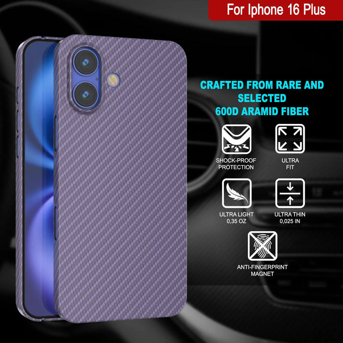 Punkcase iPhone 16 Plus Carbon Fiber Case [AramidShield Series] Ultra Slim & Light Kevlar [Lilac]