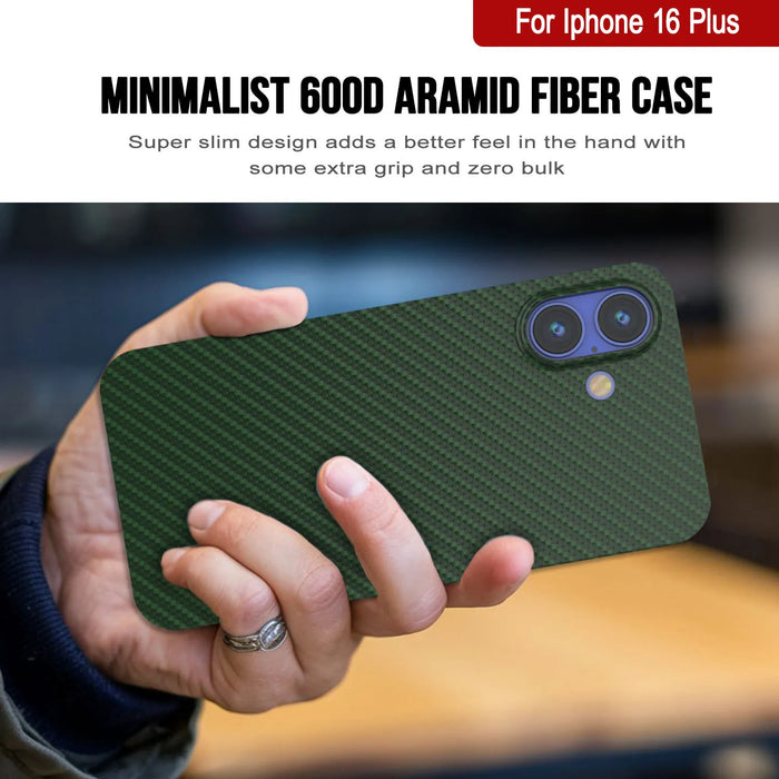 Punkcase iPhone 16 Plus Carbon Fiber Case [AramidShield Series] Ultra Slim & Light Kevlar [Green]