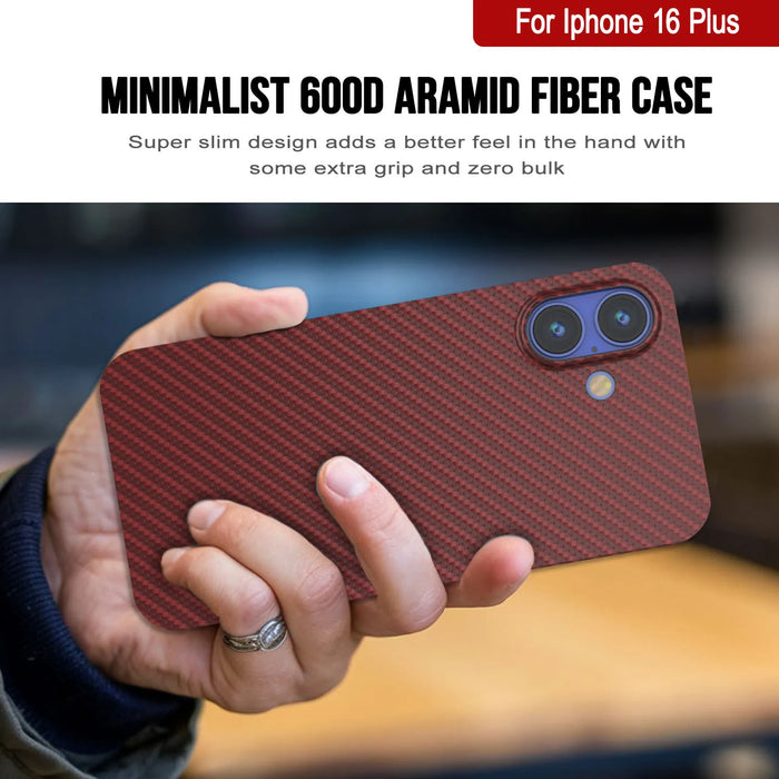 Punkcase iPhone 16 Plus Carbon Fiber Case [AramidShield Series] Ultra Slim & Light Kevlar [Red]