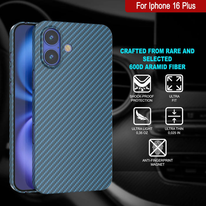 Punkcase iPhone 16 Plus Carbon Fiber Case [AramidShield Series] Ultra Slim & Light Kevlar [Blue]