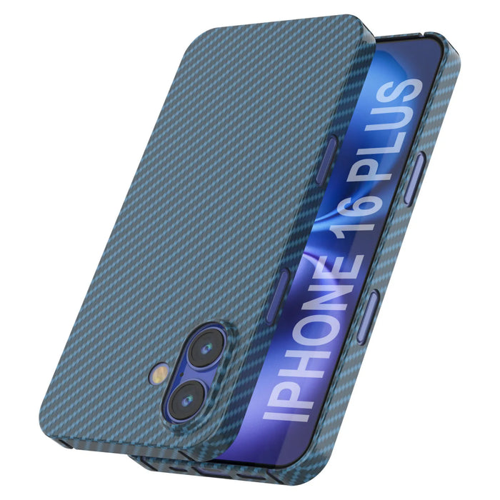 Punkcase iPhone 16 Plus Carbon Fiber Case [AramidShield Series] Ultra Slim & Light Kevlar [Blue]