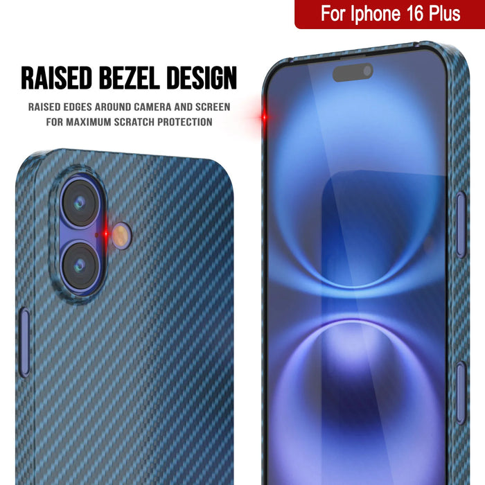 Punkcase iPhone 16 Plus Carbon Fiber Case [AramidShield Series] Ultra Slim & Light Kevlar [Blue]