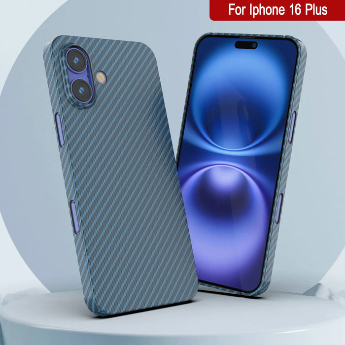 Punkcase iPhone 16 Plus Carbon Fiber Case [AramidShield Series] Ultra Slim & Light Kevlar [Blue]