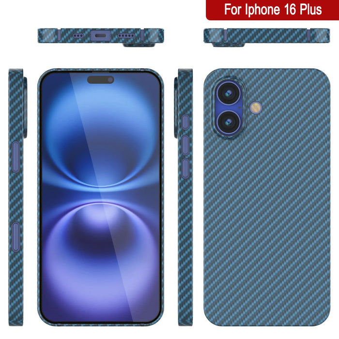 Punkcase iPhone 16 Plus Carbon Fiber Case [AramidShield Series] Ultra Slim & Light Kevlar [Blue]