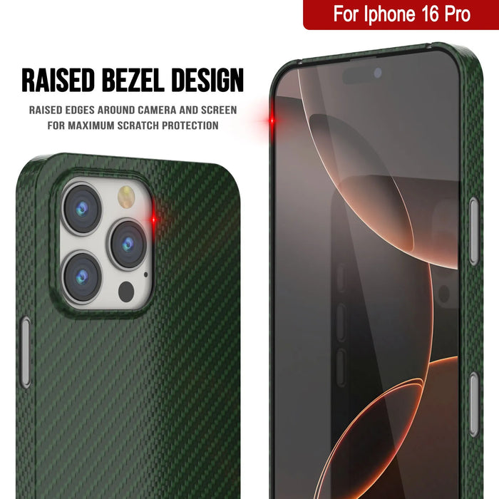 Punkcase iPhone 16 Pro Carbon Fiber Case [AramidShield Series] Ultra Slim & Light Kevlar [Green]