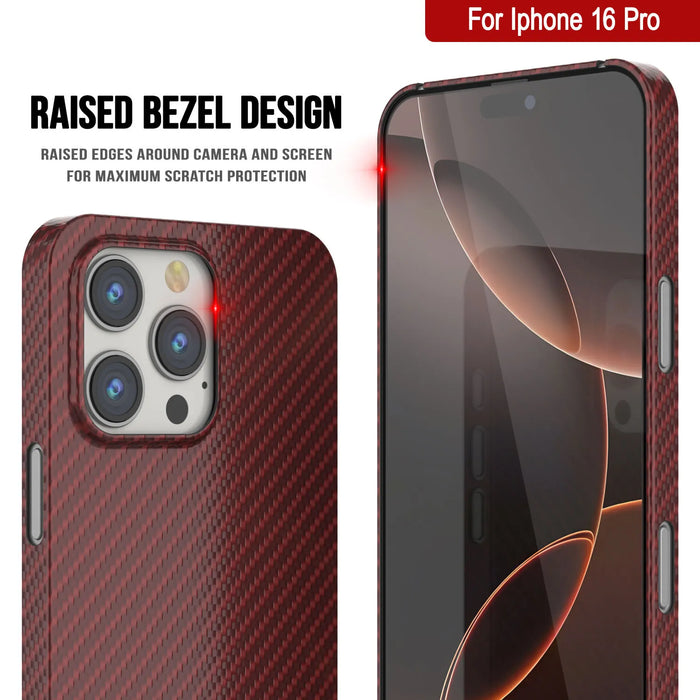 Punkcase iPhone 16 Pro Carbon Fiber Case [AramidShield Series] Ultra Slim & Light Kevlar [Red]