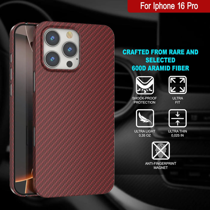 Punkcase iPhone 16 Pro Carbon Fiber Case [AramidShield Series] Ultra Slim & Light Kevlar [Red]