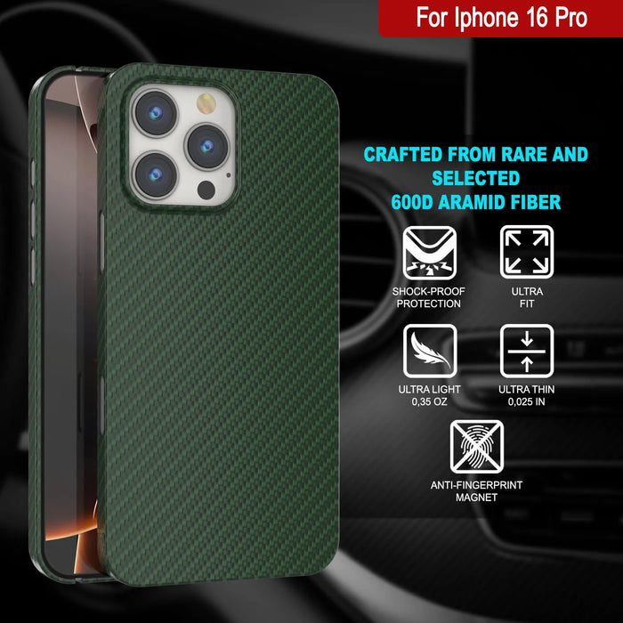 Punkcase iPhone 16 Pro Carbon Fiber Case [AramidShield Series] Ultra Slim & Light Kevlar [Green]