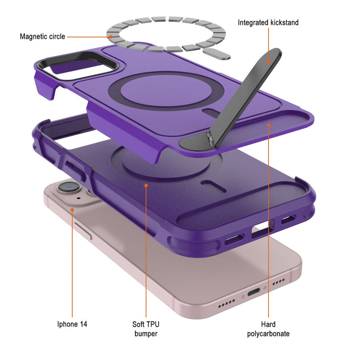 PunkCase iPhone 14 Case, [Spartan X Series] Rugged Heavy Duty Cover W/Kickstand+MagRing [purple]