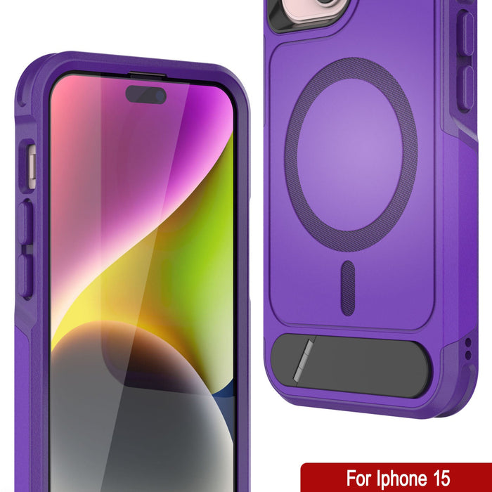 PunkCase iPhone 15 Case, [Spartan X Series] Rugged Heavy Duty Cover W/Kickstand+MagRing [purple]