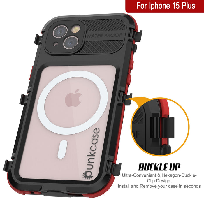 iPhone 16 Plus Metal Extreme 2.0 Series Aluminum Waterproof Case IP68 W/Buillt in Screen Protector [Black-Red]