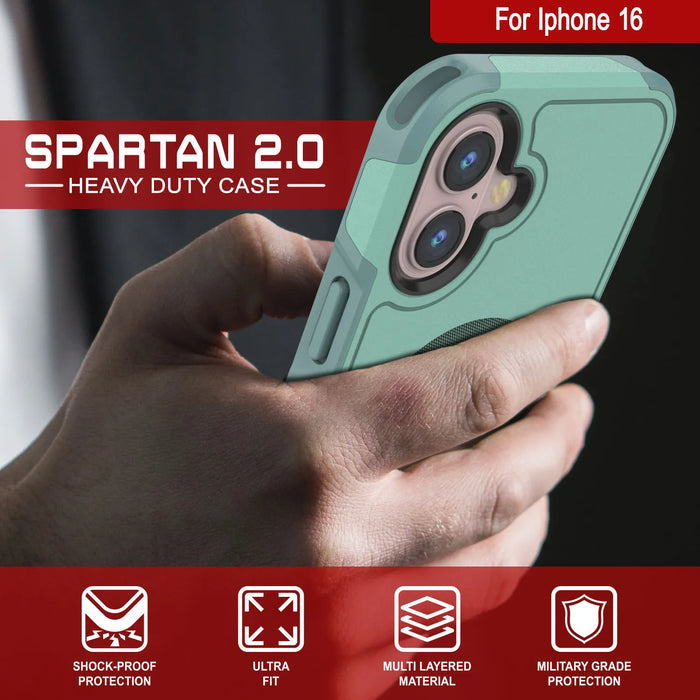 PunkCase iPhone 16 Case, [Spartan 2.0 Series] Clear Rugged Heavy Duty Cover W/Built in Screen Protector [teal]