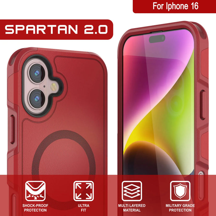 PunkCase iPhone 16 Case, [Spartan 2.0 Series] Clear Rugged Heavy Duty Cover W/Built in Screen Protector [red]