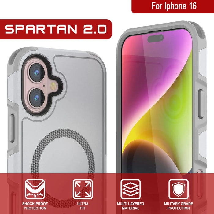 PunkCase iPhone 16 Case, [Spartan 2.0 Series] Clear Rugged Heavy Duty Cover W/Built in Screen Protector [white]