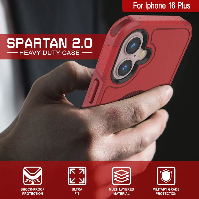 PunkCase iPhone 16 Plus Case, [Spartan 2.0 Series] Clear Rugged Heavy Duty Cover W/Built in Screen Protector [red]