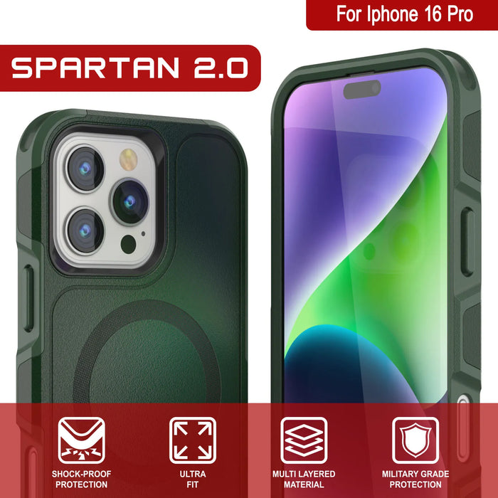 PunkCase iPhone 16 Pro Case, [Spartan 2.0 Series] Clear Rugged Heavy Duty Cover W/Built in Screen Protector [dark green]