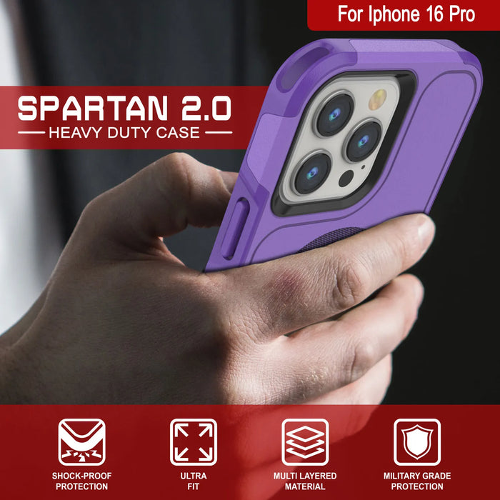 PunkCase iPhone 16 Pro Case, [Spartan 2.0 Series] Clear Rugged Heavy Duty Cover W/Built in Screen Protector [purple]