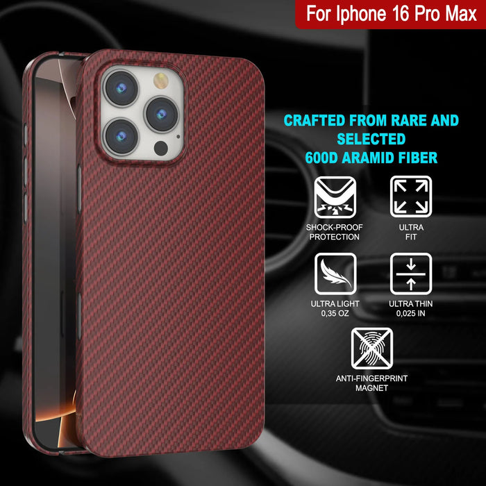 Punkcase iPhone 16 Pro Max Carbon Fiber Case [AramidShield Series] Ultra Slim & Light Kevlar [Red]