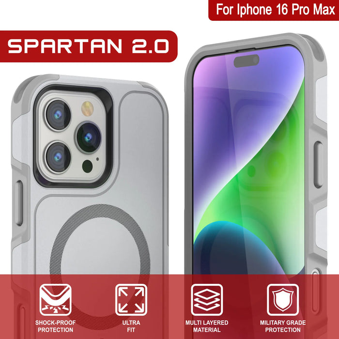 PunkCase iPhone 16 Pro Max Case, [Spartan 2.0 Series] Clear Rugged Heavy Duty Cover W/Built in Screen Protector [white]