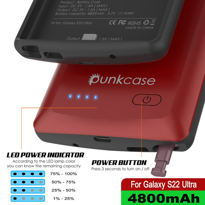 PunkJuice S22 Ultra Battery Case Red - Portable Charging Power Juice Bank with 4800mAh