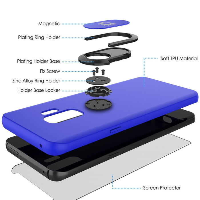Galaxy S9 PLUS, Punkcase Magnetix Protective TPU Cover W/ Kickstand, Ring Grip Holder & Metal Plate for Magnetic Car Phone Mount PLUS PunkShield Screen Protector for Samsung S9+ Edge [Blue] (Color in image: black)