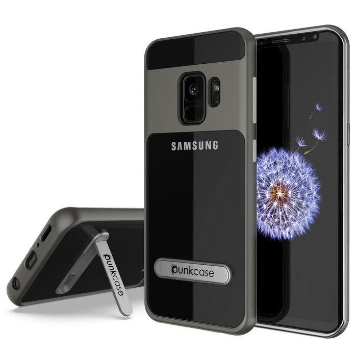 Galaxy S9 Case, PUNKcase [LUCID 3.0 Series] [Slim Fit] [Clear Back] Armor Cover w/ Integrated Kickstand, Anti-Shock System & PUNKSHIELD Screen Protector for Samsung Galaxy S9 [Grey] (Color in image: Grey)