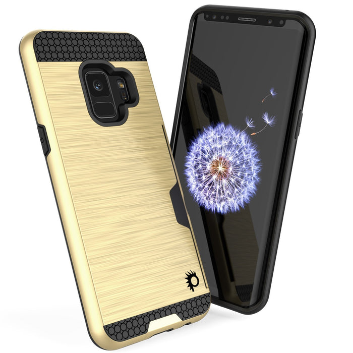 Galaxy S9 Case, PUNKcase [SLOT Series] [Slim Fit] Dual-Layer Armor Cover w/Integrated Anti-Shock System, Credit Card Slot [Gold] (Color in image: Grey)