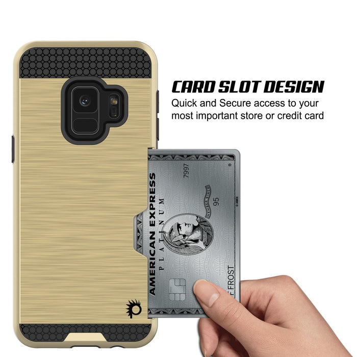 Galaxy S9 Case, PUNKcase [SLOT Series] [Slim Fit] Dual-Layer Armor Cover w/Integrated Anti-Shock System, Credit Card Slot [Gold] (Color in image: Silver)