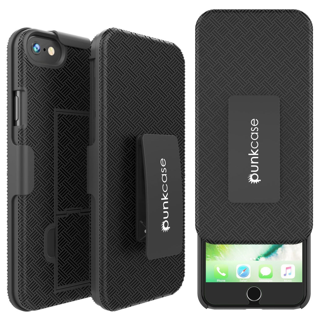 Punkcase iPhone SE (4.7") Case With Tempered Glass Screen Protector, Holster Belt Clip & Built-In Kickstand Non Slip Dual Layer Hybrid TPU Full Body Protection [Thin Fit] for Apple iPhone 7 & 8 [Black] (Color in image: Black)