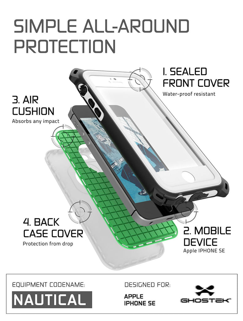 iPhone SE/5S/5 Waterproof Case, Ghostek® Nautical White Series| Underwater | Aluminum Frame (Color in image: Black)