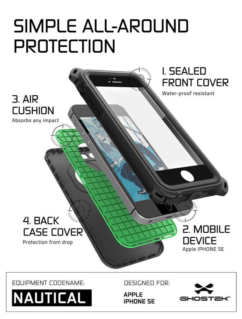 iPhone SE/5S/5 Waterproof Case, Ghostek® Nautical Black Series| Underwater | Aluminum Frame (Color in image: White)