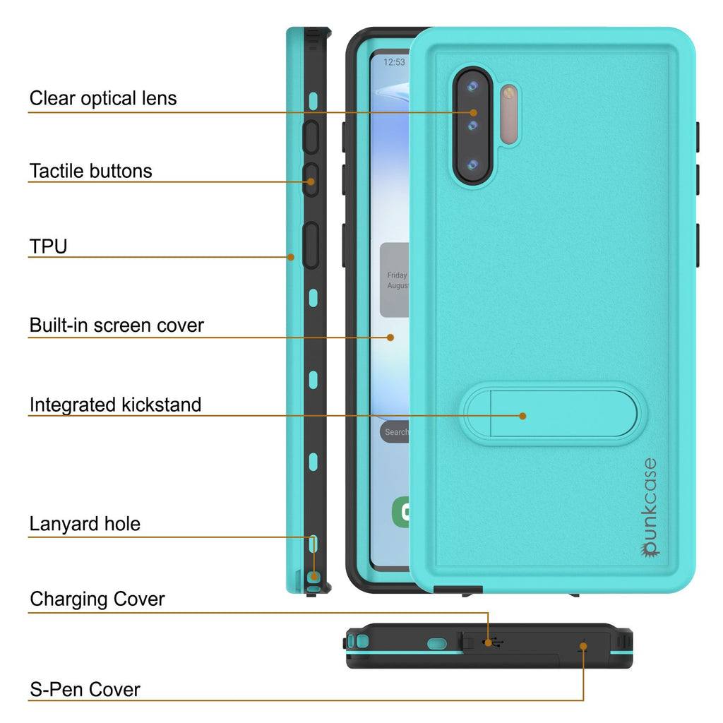 PunkCase Galaxy Note 10 Waterproof Case, [KickStud Series] Armor Cover [Teal] (Color in image: Black)