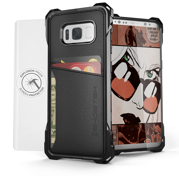 Galaxy S8 Wallet Case, Ghostek Exec Black Series | Slim Armor Hybrid Impact Bumper | TPU PU Leather Credit Card Slot Holder Sleeve Cover (Color in image: Brown)
