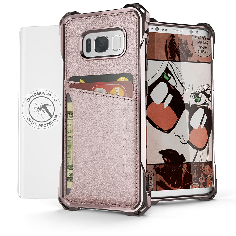 Galaxy S8+ Plus Wallet Case, Ghostek Exec Pink Series | Slim Armor Hybrid Impact Bumper | TPU PU Leather Credit Card Slot Holder Sleeve Cover (Color in image: Pink)