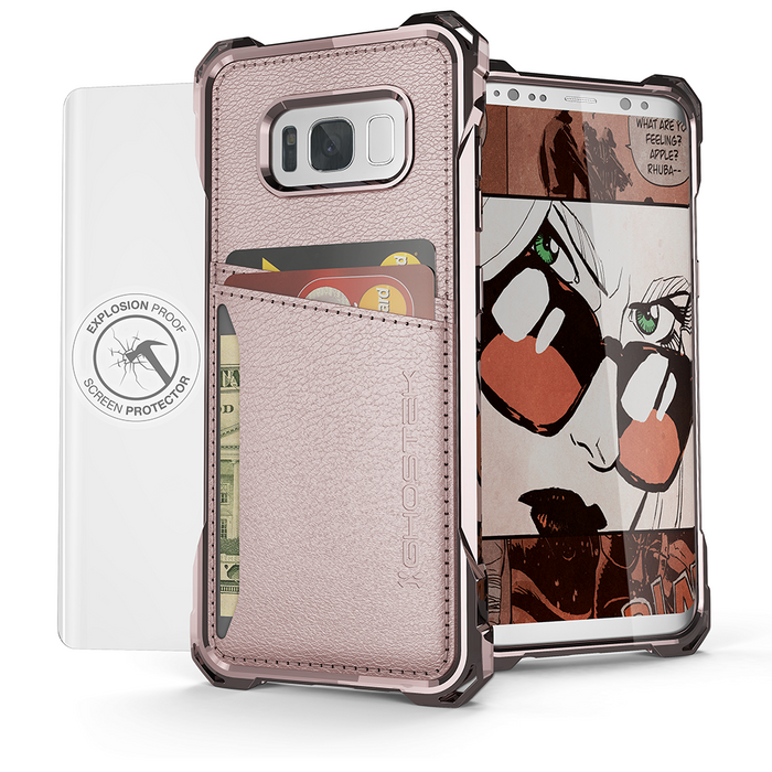 Galaxy S8 Wallet Case, Ghostek Exec Pink Series | Slim Armor Hybrid Impact Bumper | TPU PU Leather Credit Card Slot Holder Sleeve Cover (Color in image: Red)