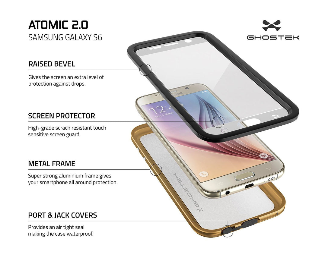 Galaxy S6 Waterproof Case, Ghostek Atomic 2.0 Gold  Water/Shock/Dirt/Snow Proof | Lifetime Warranty (Color in image: Silver)