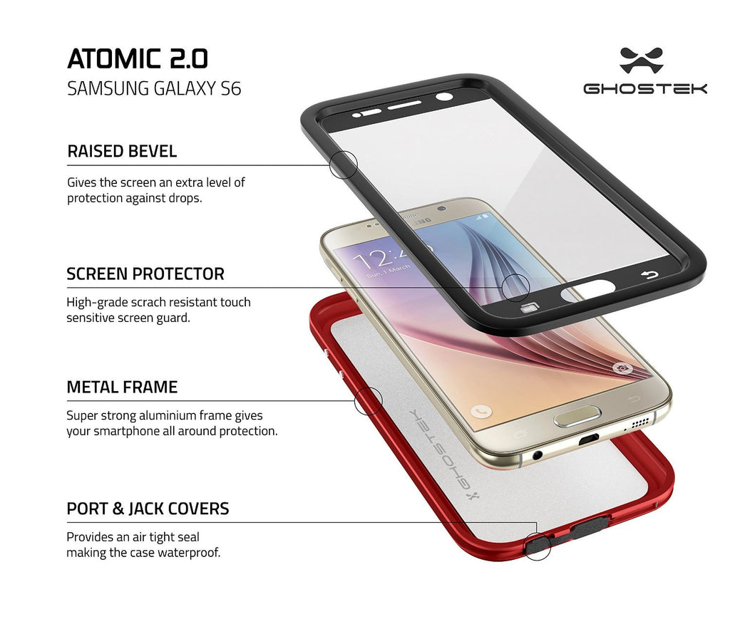 Galaxy S6 Waterproof Case, Ghostek Atomic 2.0 Red  Water/Shock/Dirt/Snow Proof | Lifetime Warranty (Color in image: Black)