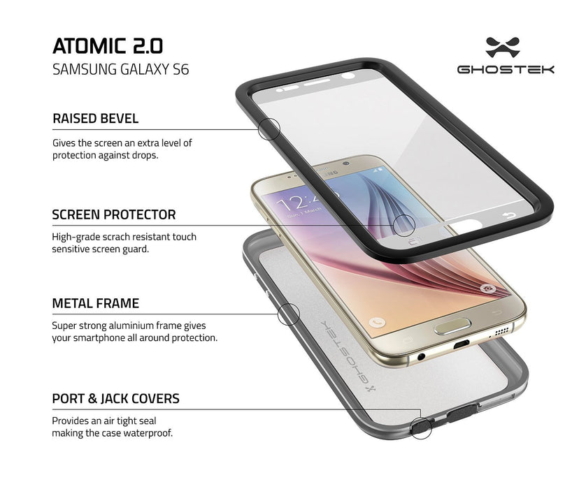 Galaxy S6 Waterproof Case, Ghostek Atomic 2.0 Silver Water/Shock/Dirt/Snow Proof | Lifetime Warranty (Color in image: Gold)