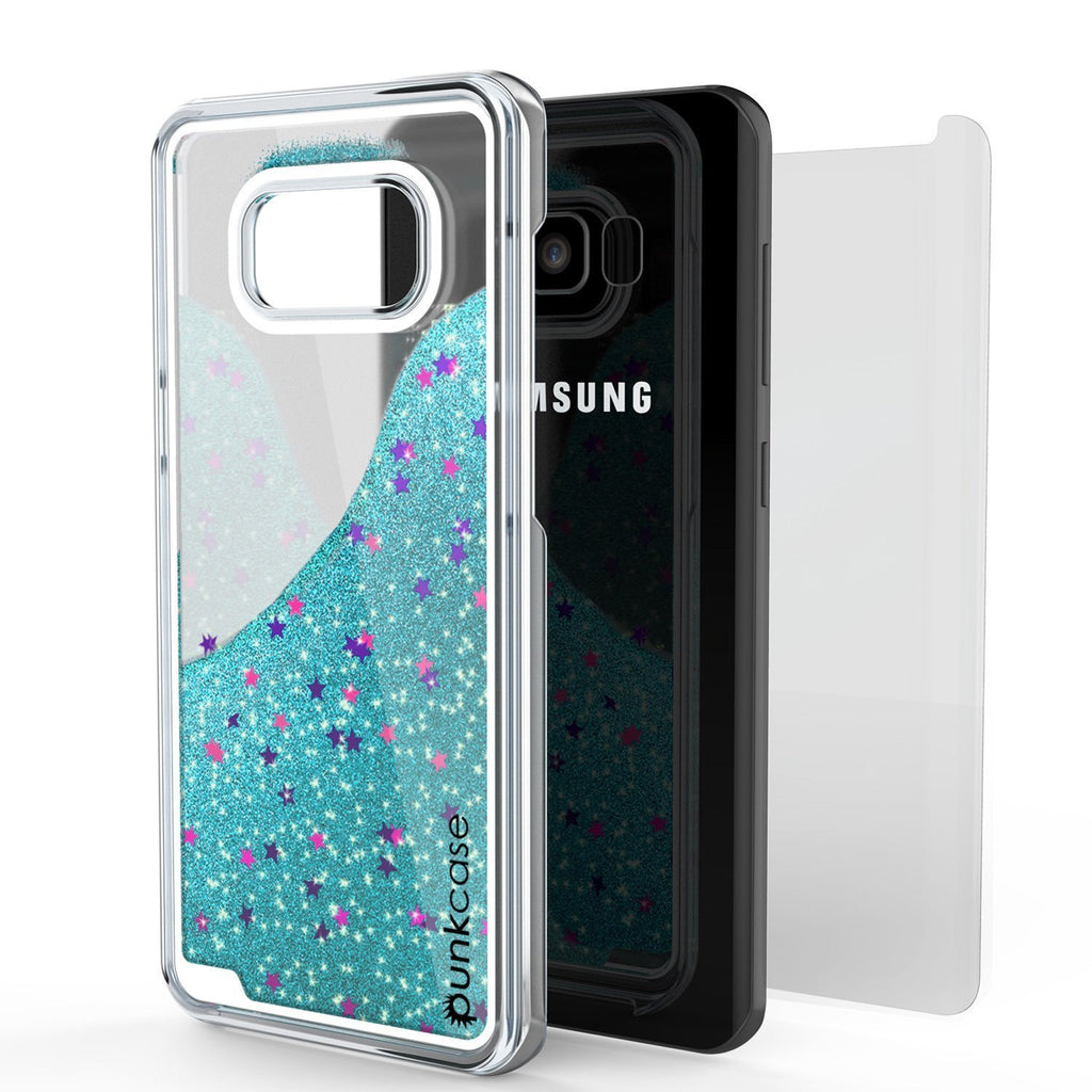 Galaxy S8 Case, Punkcase [Liquid Series] Protective Dual Layer Floating Glitter Cover + PunkShield Screen Protector [Teal] (Color in image: Silver)