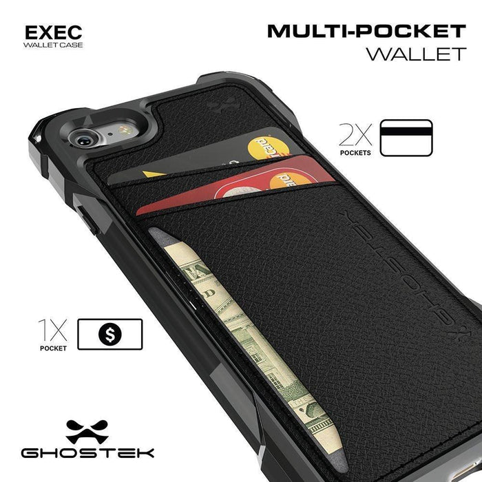 iPhone 8 Wallet Case, Ghostek Exec Black Series | Slim Armor Hybrid Impact Bumper | TPU PU Leather Credit Card Slot Holder Sleeve Cover (Color in image: Pink)