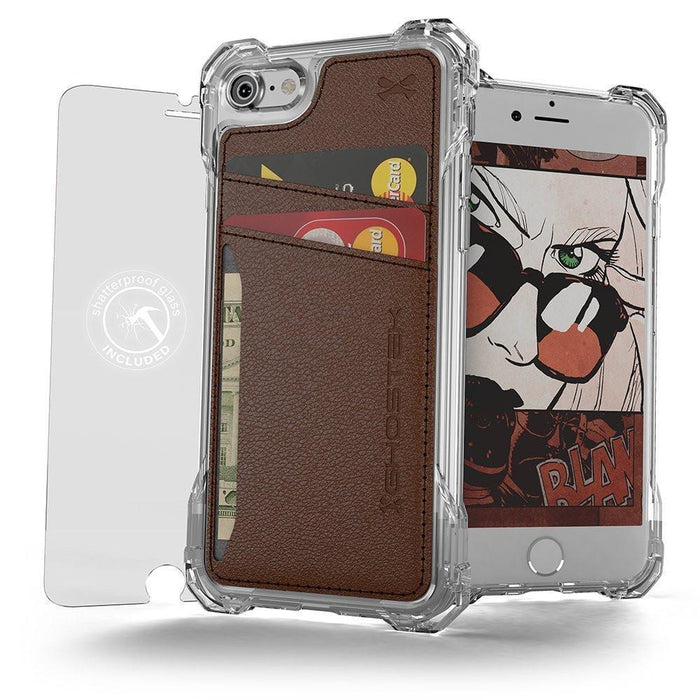 iPhone 8 Wallet Case, Ghostek Exec Brown Series | Slim Armor Hybrid Impact Bumper | TPU PU Leather Credit Card Slot Holder Sleeve Cover (Color in image: Brown)