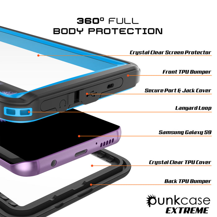 Galaxy S9 Waterproof Case, Punkcase [Extreme Series] [Slim Fit] [IP68 Certified] [Shockproof] [Snowproof] [Dirproof] Armor Cover [Light Blue] (Color in image: White)