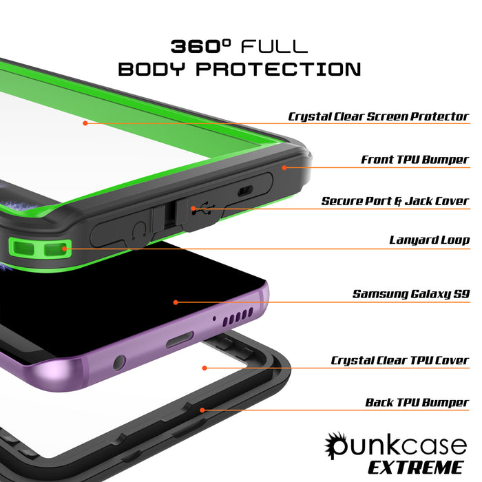 Galaxy S9 PLUS Waterproof Case, Punkcase [Extreme Series] [Slim Fit] [IP68 Certified] [Shockproof] [Snowproof] [Dirproof] Armor Cover W/ Built In Screen Protector for Samsung Galaxy S9+ [Light Green] (Color in image: Black)