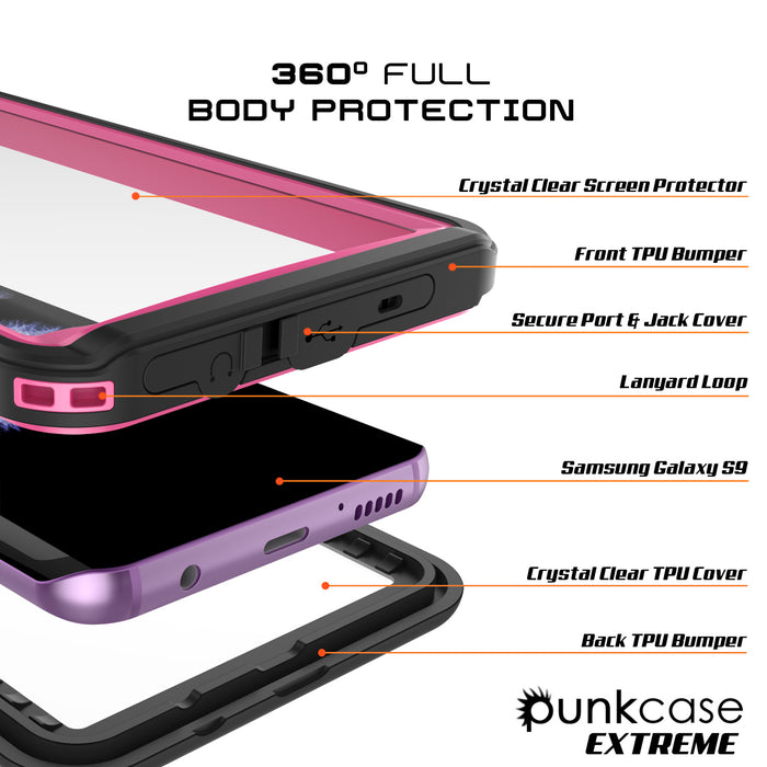 Galaxy S9 Waterproof Case, Punkcase [Extreme Series] [Slim Fit] [IP68 Certified] [Shockproof] [Snowproof] [Dirproof] Armor Cover W/ Built In Screen Protector for Samsung Galaxy S9 [Pink] (Color in image: Light Blue)
