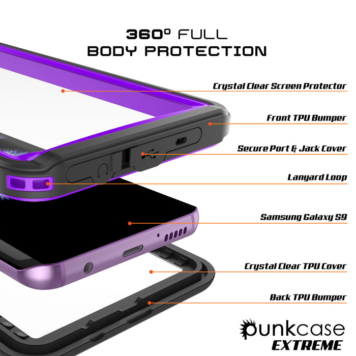 Galaxy S9 PLUS Waterproof Case, Punkcase [Extreme Series] [Slim Fit] [IP68 Certified] [Shockproof] [Snowproof] [Dirproof] Armor Cover W/ Built In Screen Protector for Samsung Galaxy S9+ [Purple] (Color in image: Light blue)