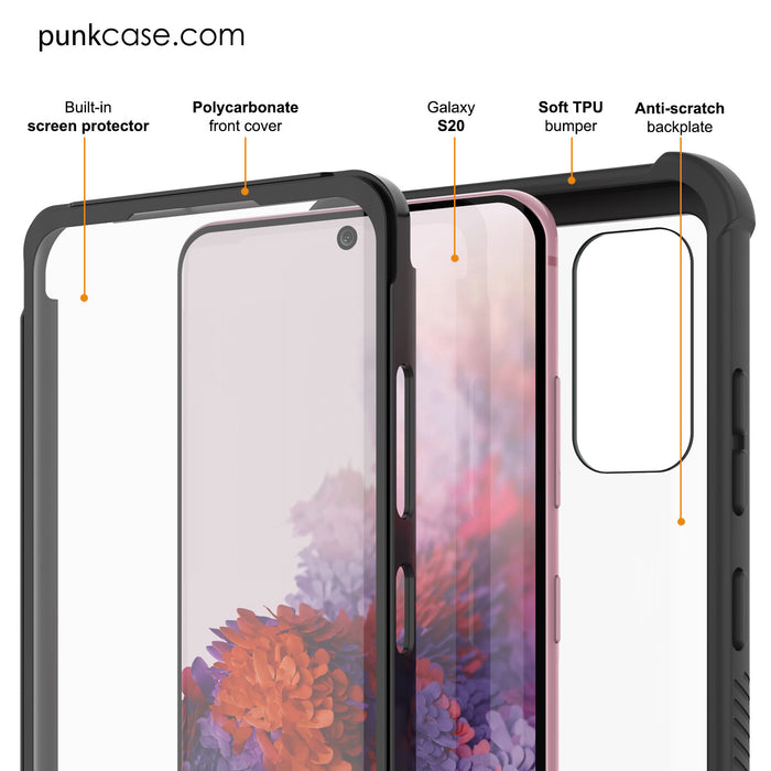 PunkCase Galaxy S20 Case, [Spartan Series] Clear Rugged Heavy Duty Cover W/Built in Screen Protector [Black] (Color in image: pink)